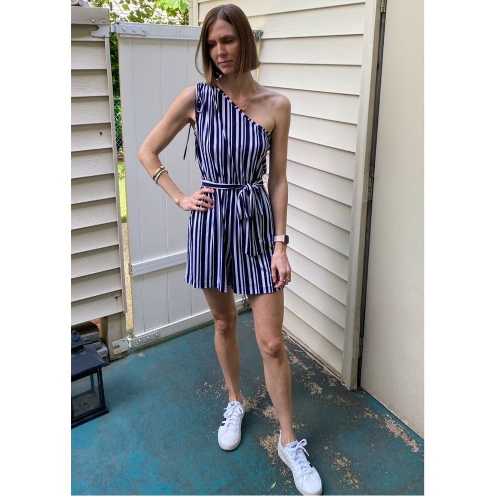 NY&C Navy Blue and White Striped One Shoulder Belted Romper Women’s Sz Small